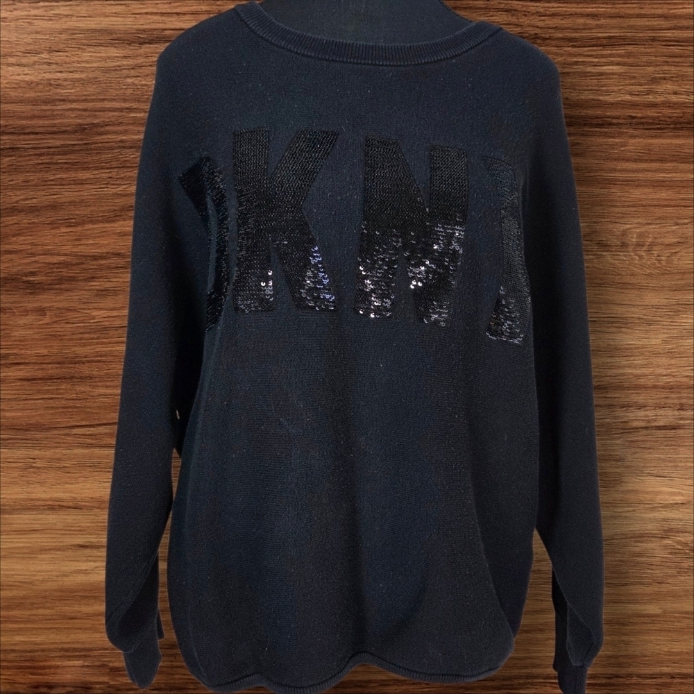 DKNY Black Sequin Sweater With Dolman Sleeves Size L